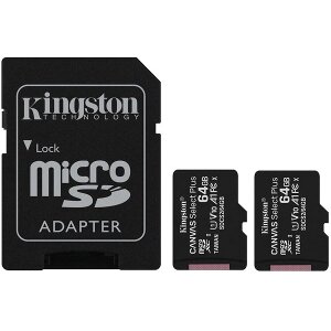 KINGSTON SDCS2/64GB-2P1A CANVAS SELECT PLUS 64GB MICRO SDXC 100R A1 C10 TWO PACK + SD ADAPTER