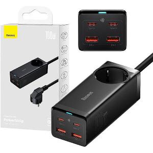 BASEUS GAN3 PRO 100W WALL CHARGER POWERSTRIP 2XUSB + 2X TYPE-C + CABLE BLACK