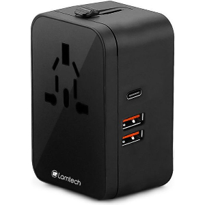 LAMTECH UNIVERSAL POWER TRAVEL ADAPTER 2XUSB 1XTYPE-C 20W BLACK