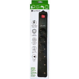 LAMTECH 6WAY SURGE PROTECTOR WITH 2XUSB 6XSCHUKO BLACK 1.5M LAM111955