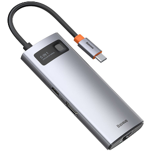 BASEUS METAL GLEAM SERIES 6-IN-1 MULTIFUNCTIONAL TYPE-C HUB HDMI 4K 3XUSB3.0+ LAN RJ45 GREY