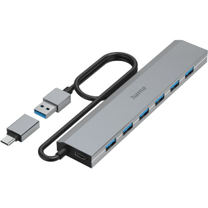 HAMA 200137 USB HUB, 7 PORTS, USB 3.2 GEN 1, 5 GBIT/S, INCL. USB-C ADAPTER AND PSU