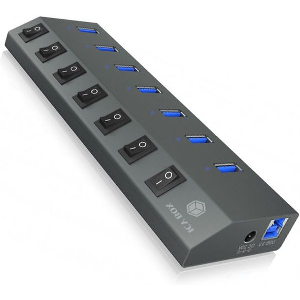 ICY BOX 7-PORT USB3.2 ALUM HUB WITH ON/OFF SWITCHES POWER SUPPLY AND CABLE 1M IB-HUB1701-C3