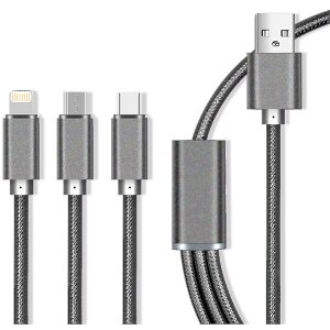 MAXLIFE 3IN1 NYLON CABLE MICRO USB / TYPE-C / FOR IPHONE 8-PIN FAST CHARGE 2.1A GREY
