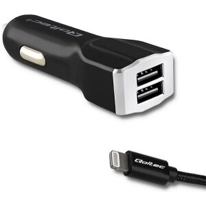 QOLTEC 51836 CAR CHARGER 12-24V 17W 5V 3.4A 2XUSB + CABLE LIGHTNING / USB 2.0 MFI 1.5M BLACK