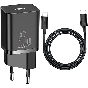 BASEUS SUPER-SI QUICK CHARGER 1C 25W SET + MINI WHITE CABLE TYPE-C TO TYPE-C 3A 1M BLACK