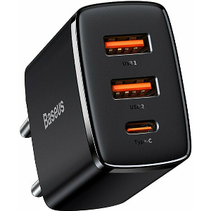 BASEUS WALL COMPACT QUICK CHARGER 2XUSB + TYPE-C PD 3A 30W BLACK