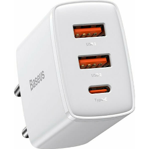 BASEUS WALL COMPACT QUICK CHARGER 2XUSB + TYPE-C PD 3A 30W WHITE
