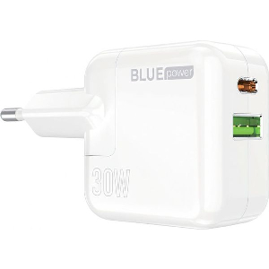 BLUE POWER WALL CHARGER 30W 3A 1X USB-A + 1X TYPE-C WHITE