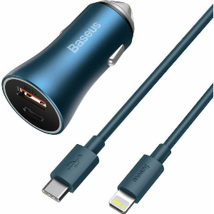 BASEUS GOLDEN CONTACTOR PRO DUAL QUICK CAR CHARGER USB + TYPE-C 40W + CABLE 5A LIGHTNING BLUE