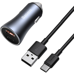 BASEUS GOLDEN CONTACTOR PRO DUAL QUICK CAR CHARGER USB + TYPE-C 40W + CABLE 5A GREY