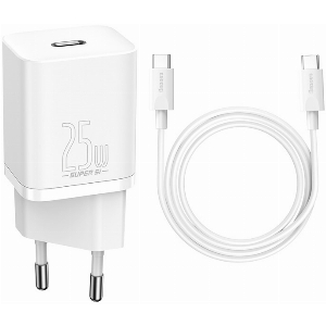 BASEUS SUPER-SI QUICK CHARGER 1C 25W SET + MINI CABLE TYPE-C TO TYPE-C 3A 1M WHITE