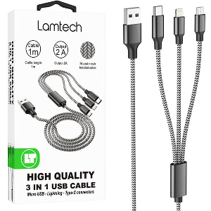 LAMTECH HIGH QUALITY 3 IN 1 USB CABLE WITH METALLIC SHELL BLACK 1M LAM450305