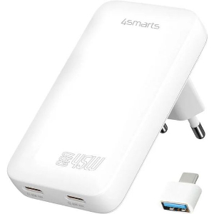 4SMARTS WALL CHARGER FLATPLUG SLIM DUAL 45W GAN 2X TYPE-C +USB ADAPTOR WHITE