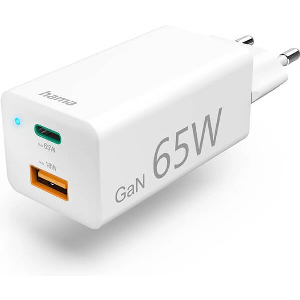 HAMA 125130 QUICK CHARGER, GAN, 1X USB-C PD, 1X USB-A QC, MINI-CHARGER, 65 W, WHITE