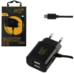 NSP TN228 ΜΑΥΡΟΣ ΦΟΡΤΙΣΤΗΣ ΤΑΞΙΔΙΟΥ DUAL USB-A ΜΕ ΕΝΣΩΜΑΤΩΜΕΝΟ ΚΑΛΩΔΙΟ TYPE-C 2800MAH