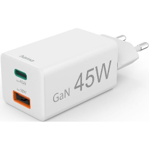 HAMA FAST CHARGER, 1X USB-C, 1X USB-A, MINI CHARGER, PD, 45 W, WHITE