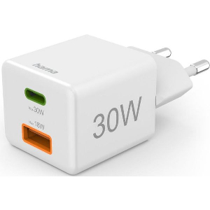 HAMA 201992 FAST CHARGER, 1X USB-C, 1X USB-A, MINI CHARGER, PD, 30 W, WHITE