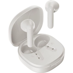 QCY AIR WHITE SEMI-EAR TWS EARBUDS, QUAD MIC ENC MULTI-POINT CONNECTION, LEATHER GRAIN CASE