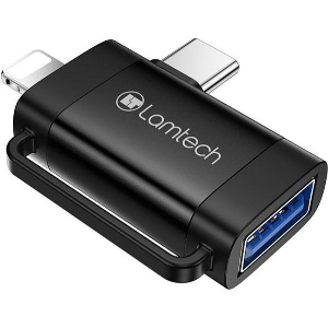 LAMTECH 2-IN-1 PORTABLE ADAPTER IP/USB-C MALE TO USB2.0 FEMALE BLACK LAM980534