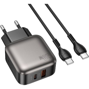 LAMTECH DUAL PORT QC3.0 CHARGER SET PD20W WITH TYPE-C TO TYPE-C CABLE 60W 1M GREY LAM980725