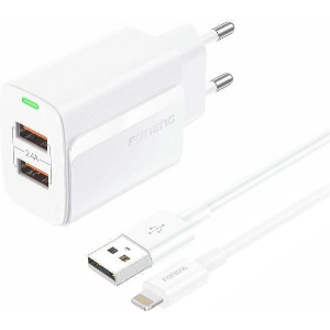 TRAVEL FAST CHARGER FONENG EU63 WITH 2 OUTPUT 2XUSB A 12W 2.4A & USB A TO LIGHTNING CABLE 1M WHITE