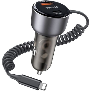 YESIDO Y57 CAR CHARGER 50W 3A 1 X USB-A - 1 X USB-C WITH LIGHTNING CABLE BLACK
