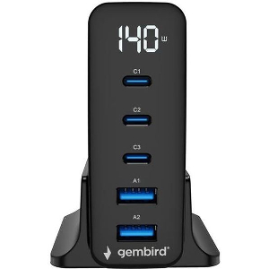 GEMBIRD 5-PORT 140W GAN USB FAST CHARGER BLACK TA-UC-2A3C-PD140-01-BK