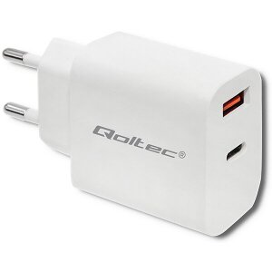 QOLTEC CHARGER 18W 5-12V 1.5-3A USB TYPE-C PD USB QC 3.0 WHITE