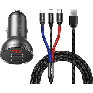 BASEUS CAR CHARGER BASEUS 24W DISPLAY + USB CABLE 3-IN-1