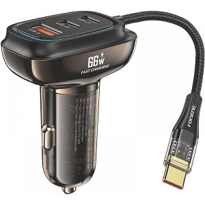 CAR FAST CHARGER FONENG C20 WITH TRIPLE OUTPUT USB A & 2XUSB C 66W & BUILT-IN USB C CABLE BLACK