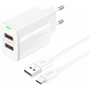 TRAVEL FAST CHARGER FONENG EU63 WITH DUAL OUTPUT 2XUSB A 12W 2.4A & USB A TO USB C CABLE 1M WHITE