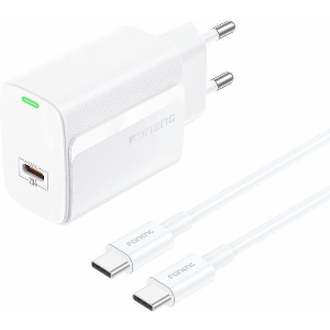 TRAVEL FAST CHARGER FONENG EU65 WITH OUTPUT USB C PD 20W 3A & USB C TO USB C CABLE 1M WHITE