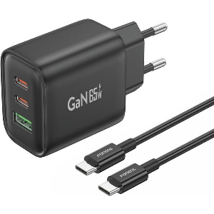 TRAVEL FAST CHARGER FONENG GAN10-EU 3 OUTPUT USB A & 2XUSB C 65W & USB C TO USB C CABLE 1M BLACK