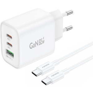 TRAVEL FAST CHARGER FONENG GAN10-EU 3 OUTPUT USB A & 2XUSB C 65W & USB C TO USB C CABLE 1M WHITE