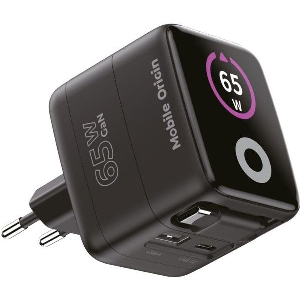 MOBILE ORIGIN 65W GAN DISPLAY CHARGER PW3 USB-C SELF-RETRACTING CABLE + USB-C + USB-A
