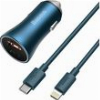 BASEUS GOLDEN CONTACTOR PRO DUAL QUICK CAR CHARGER USB + TYPE-C 40W + CABLE 5A LIGHTNING BLUE