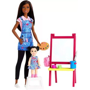 BARBIE YOU CAN BE ANYTHING - DARK SKIN DOLL ART TEACHER WITH BRUNETTE KID DOLL (GJM30)