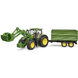 BRUDER JOHN DEERE 7R 350 WITH FRONT LOADER AND TANDEM AXLE TRAILER (GREEN)