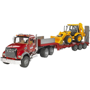 BRUDER MACK GRANITE LOW LOADER AND JCB 4CX BACKHOE LOADER (RED)