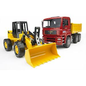 BRUDER MAN TGA TIPPER TRUCK WITH ARTICULATED WHEEL LOADER FR130