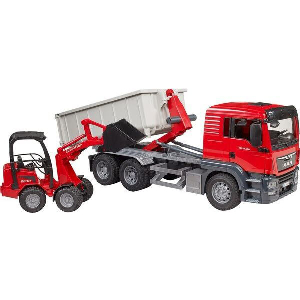 BRUDER MAN TGS TRUCK WITH ROLL-OFF CONTAINER AND SCHΔFFER YARD LOADER