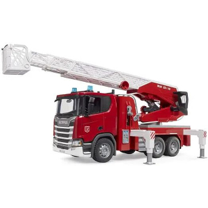 BRUDER SCANIA SUPER 560R FIRE BRIGADE WITH TURNTABLE LADDER, WATER PUMP, LIGHT & SOUND