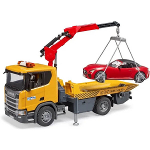 BRUDER SCANIA SUPER 560R TOW TRUCK WITH LIGHT & SOUND MODULE AND ROADSTER