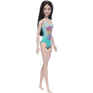 BARBIE: BEACH - BLACK HAIR DOLL WEARING TROPICAL BLUE SWIMSUIT