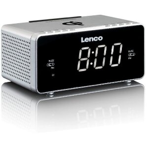 LENCO CR-550 STEREO CLOCK RADIO WITH WIRELESS (QI) AND USB CHARGER SILVER