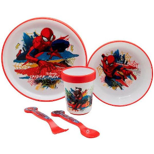 STOR: MARVEL SPIDERMAN - 5 PCS NON SLIP BICOLOR PREMIUM SET (PLATE BOWL TUMBLER & CUTLERY) (83581)