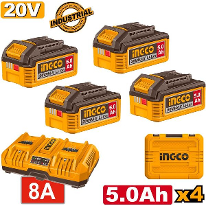 ΜΠΑΤΑΡΙΕΣ 4 ΤΕΜ. 20V 5.0AH + ΤΑΧΥΦΟΡΤΙΣΤΗΣ 8A 2 ΘΕΣΕΩΝ + ΒΑΛΙΤΣΑ ΣΕΤ 6 ΤΕΜ. INGCO FBCLI20285E
